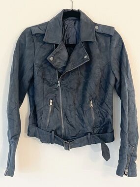 Women’s Slate Blue Suede Belted Moto Jacket, Size Small